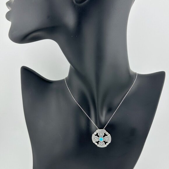 Natural Turquoise Gem in Sterling Silver Celtic Cross - Pendant with Chain - Picture 3 of 7